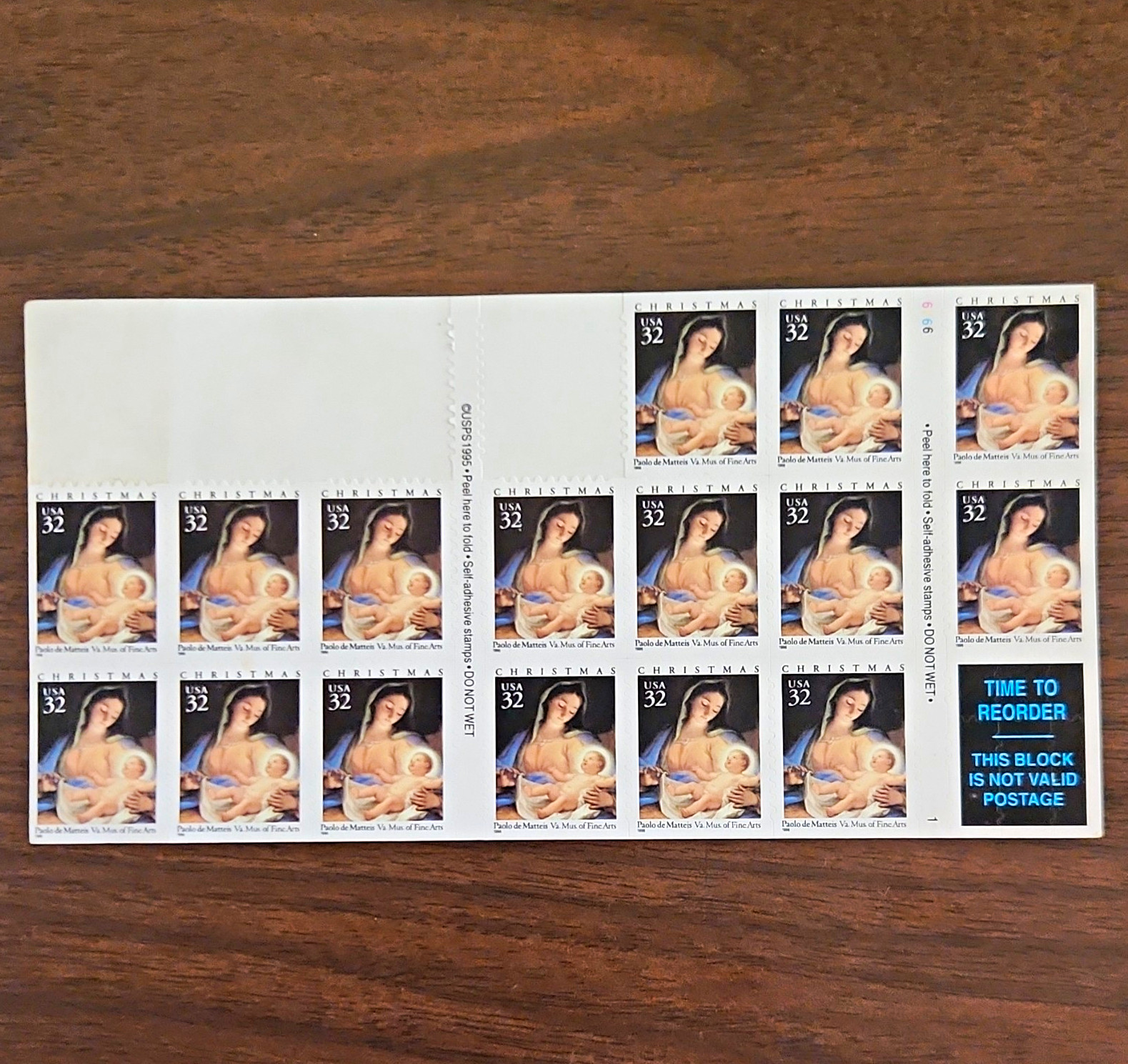 USPS Christmas 1996 32¢ Madonna & Child Self-Adhesive Stamps, 16 ct