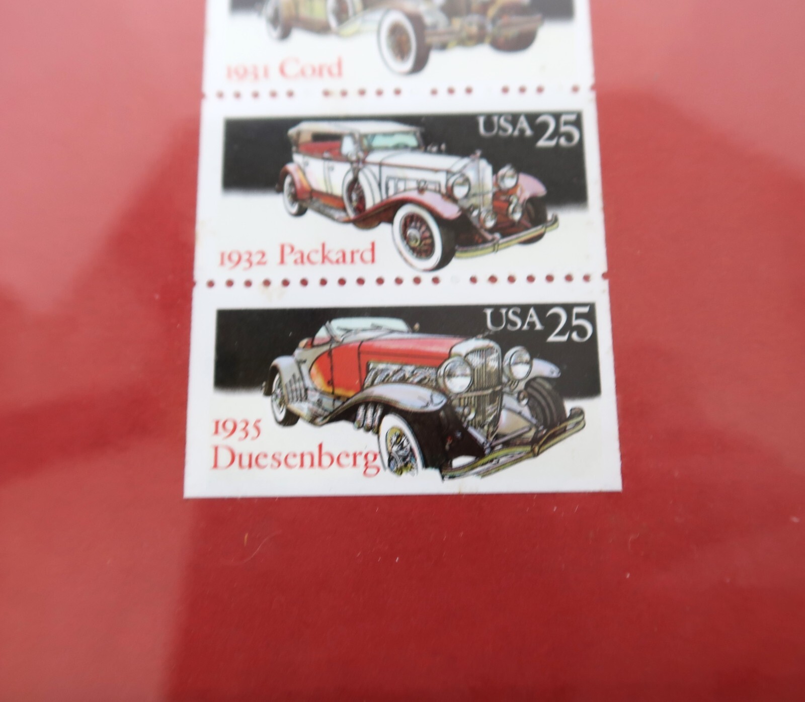 Vtg 5 Stamps Packard Cord Duesenberg Pierce Arrow Locomobile Unused Framed 1988