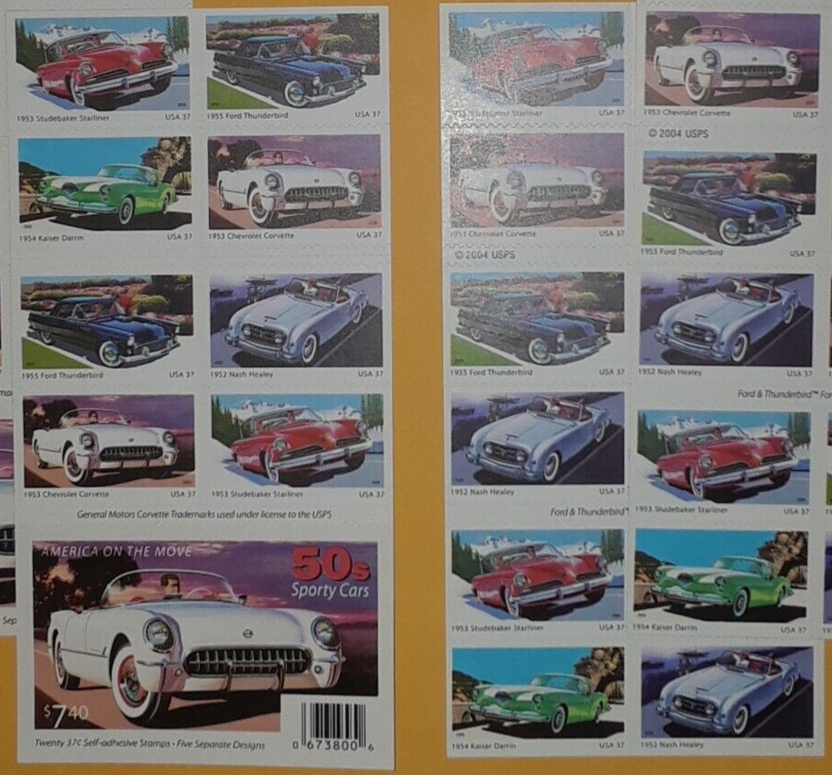 TWO (2) Booklets x 20 = 40 of 50’s SPORTY CARS 37¢ US Postage Stamp Sc 3931-3935