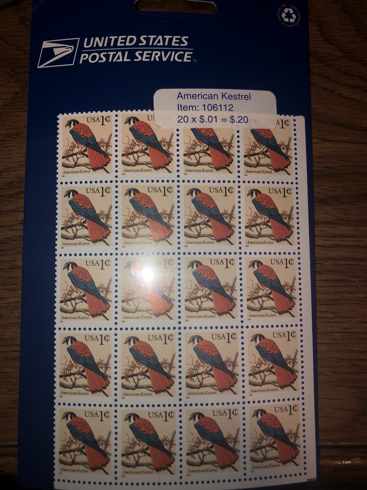 American Kestrel Block of 20, One Cent, 1995 in Original Package