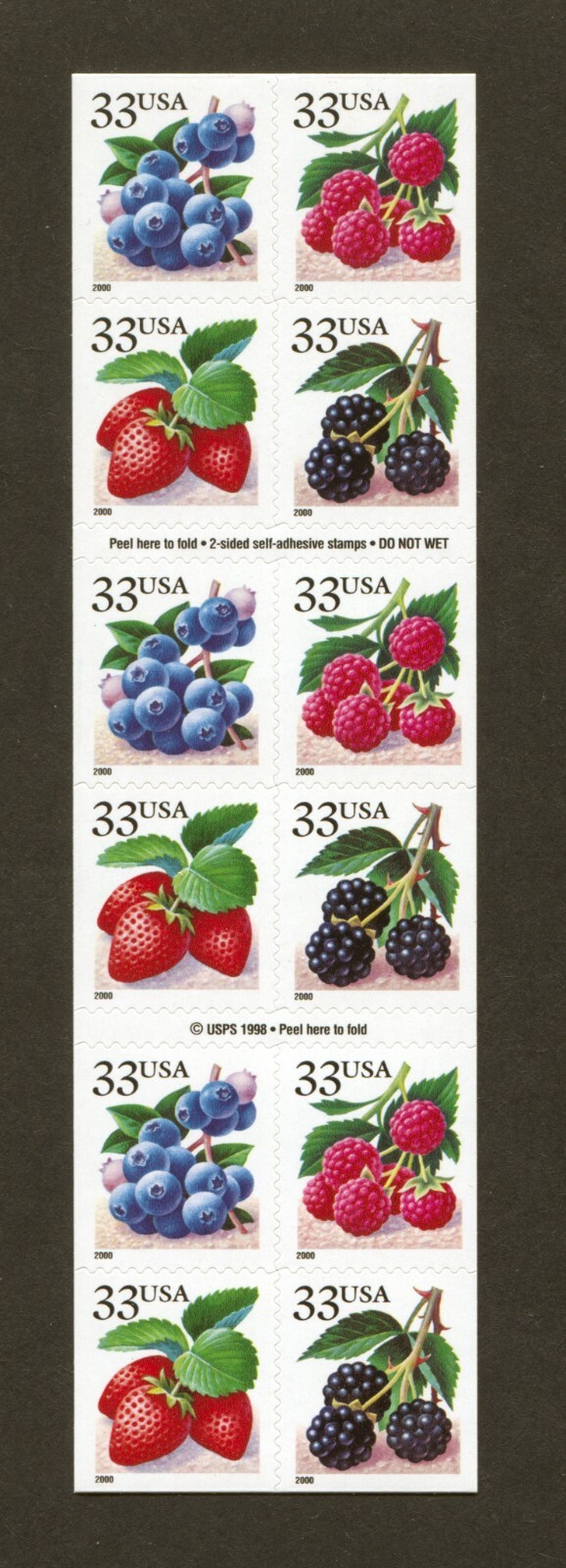 U.S. Scott# 3297d, 1999 Berries Issue, Booklet Pane of 20, 2022 SCV: $25.00