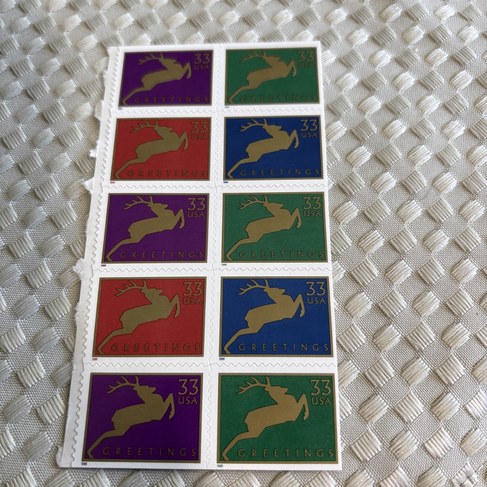 1999USA #3360-3363a 33c Reindeer Holiday Greetings – Block of 10 From CB Booklet