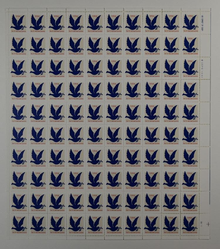 US SCOTT 2877 PANE OF 100 BLUE DOVE G RATE MAKEUP STAMPS 3 CENTS FACE MNH