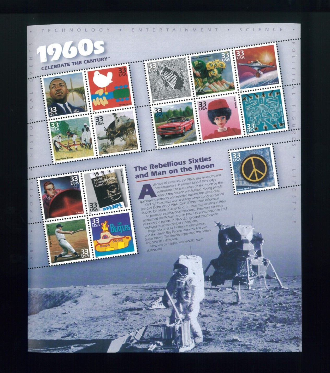 United States 1960’s Celebrate The Century Postage Stamps #3188 MNH Full Sheet