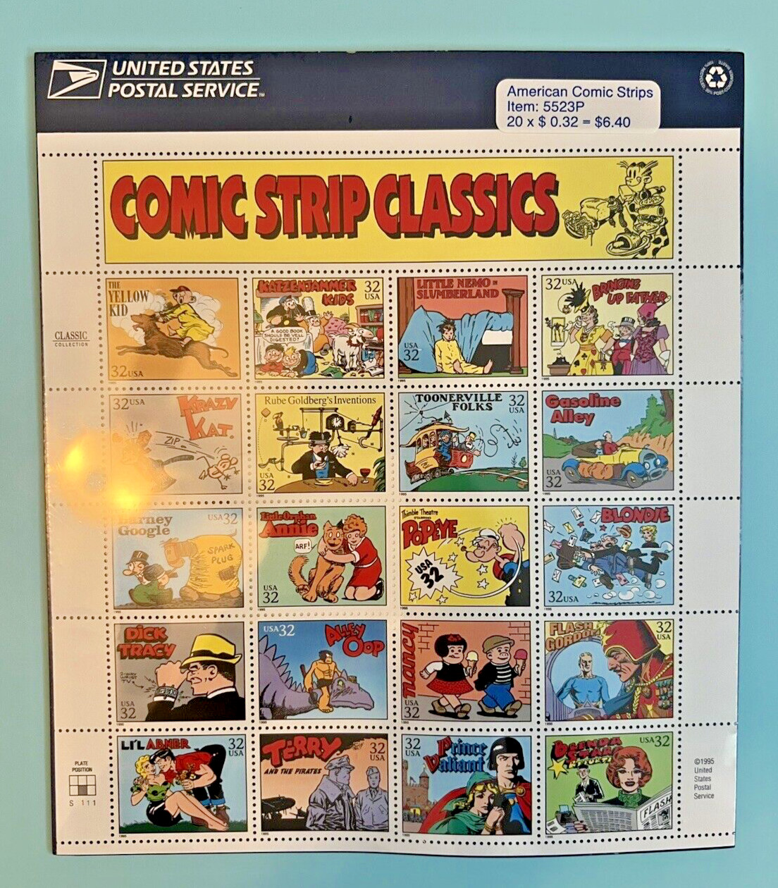 Four Sheets x 20 = 80 of COMIC STRIP CLASSICS 32¢ US Postage Stamps. USA Sc 3000