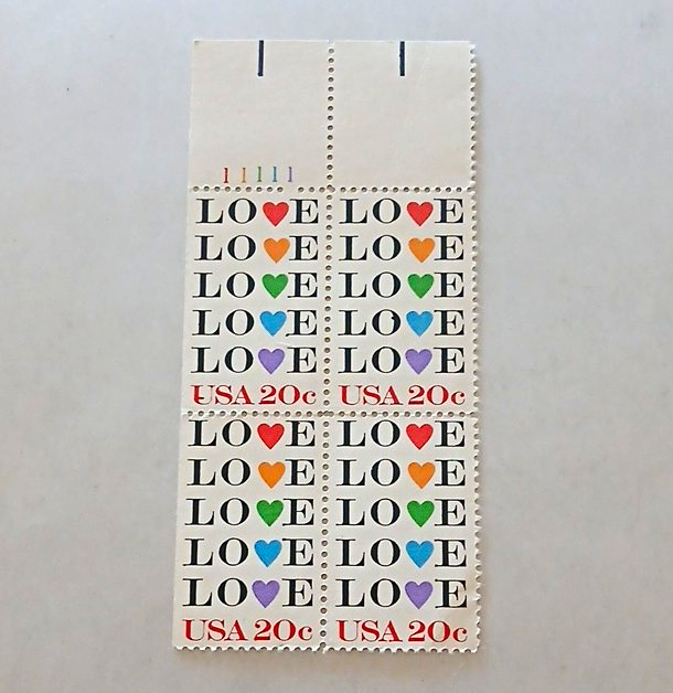 United States 20c LOVE Multicolor Hearts Postage Stamp Block of 4 MNH