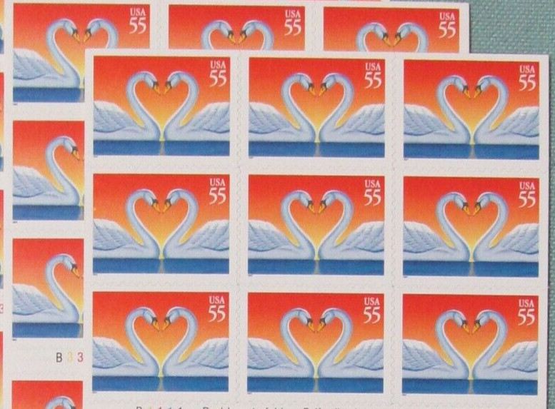 Two Panes / Sheets x 20 = 40 of Love SWANS 55¢ US Postage Stamps. USA Sc # 3124