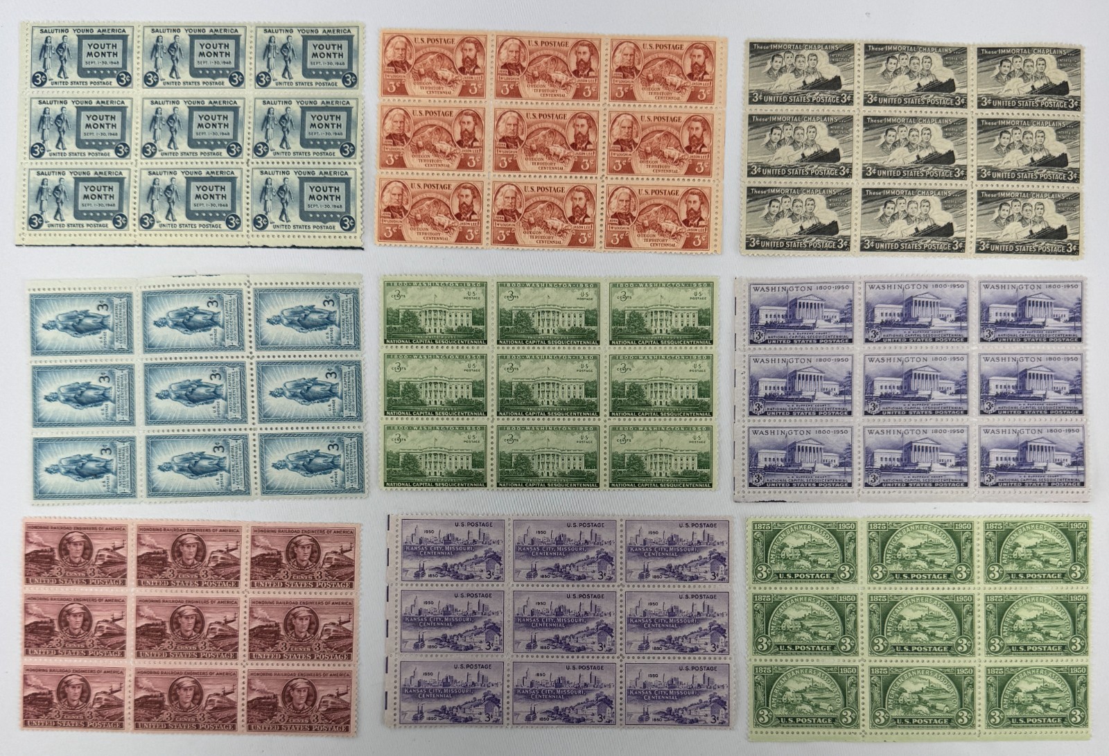 Lot of 9 Mint US Plate Blocks 1948–1950 American History, National Landmarks