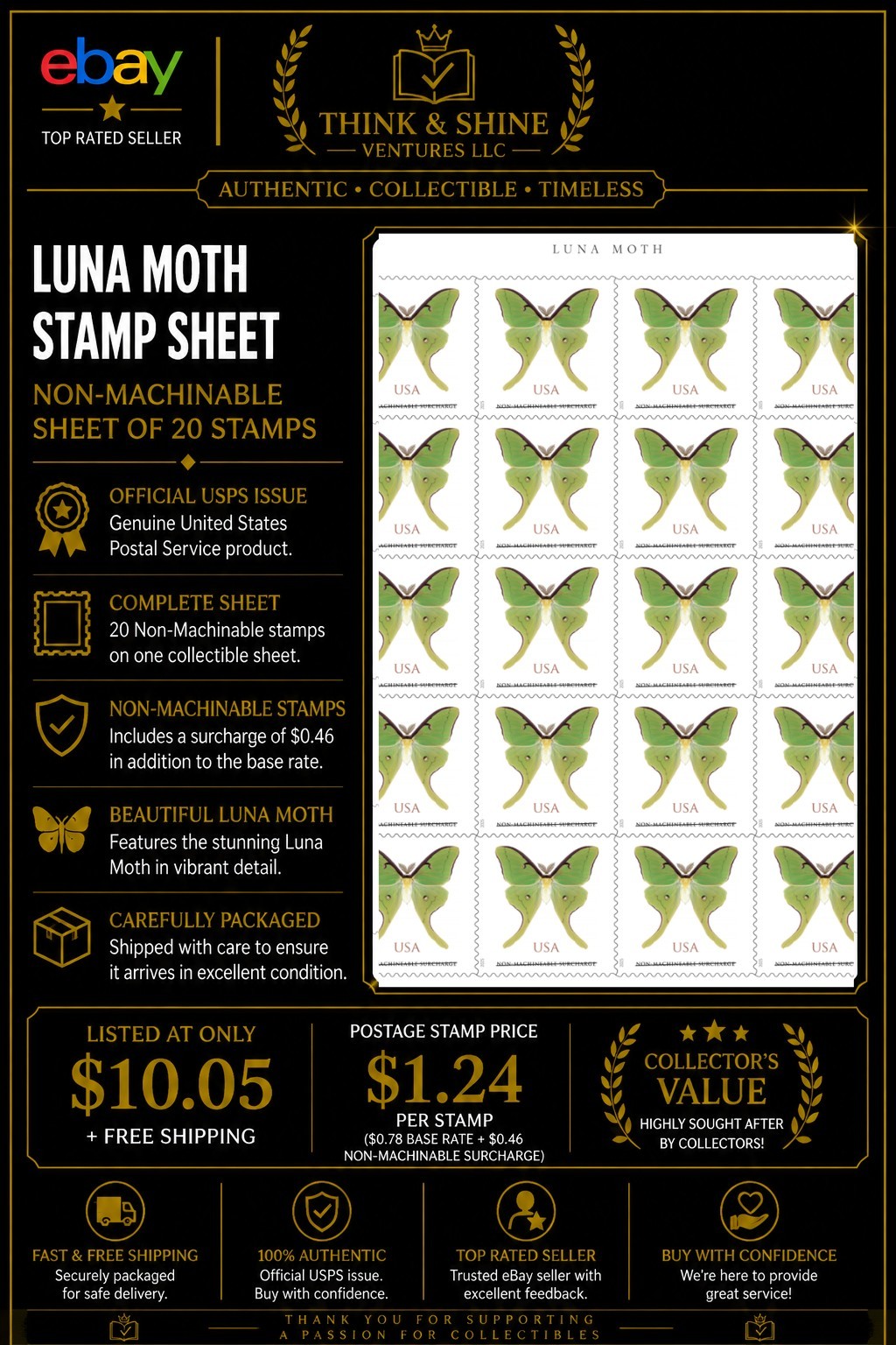 🦋 LUNA MOTH USPS NON-MACHINABLE STAMP SHEET 🦋