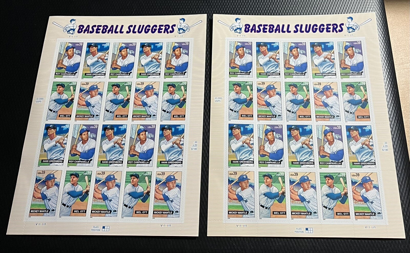Baseball Sluggers 4 Sheets of Official USPS Postage Stamp Lot – 80 x 39 cent Lot