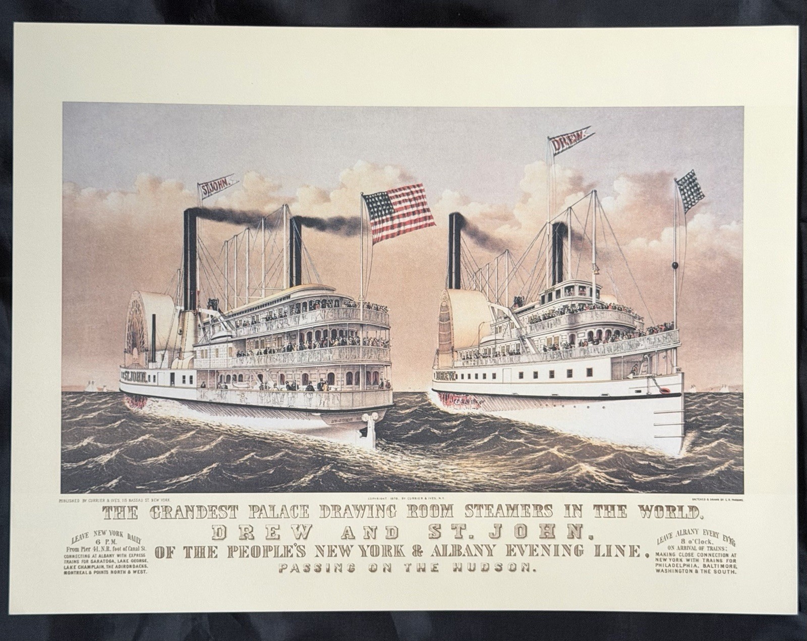 Vintage Currier & Ives Steamboat Prints Set of 4 & 1989 USPS Stamp Booklet Pane