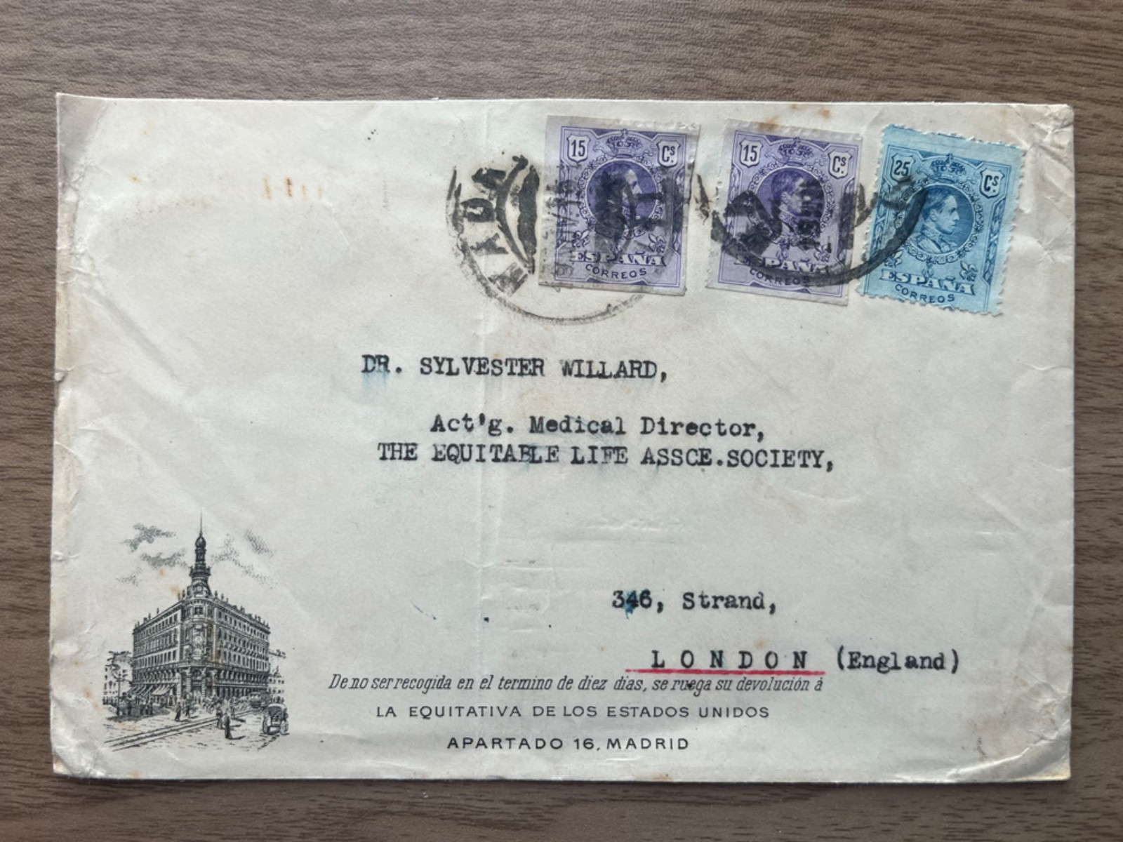 Spanish Cover to Dr Sylvester Willard 346 Strand London Stamp Graphic