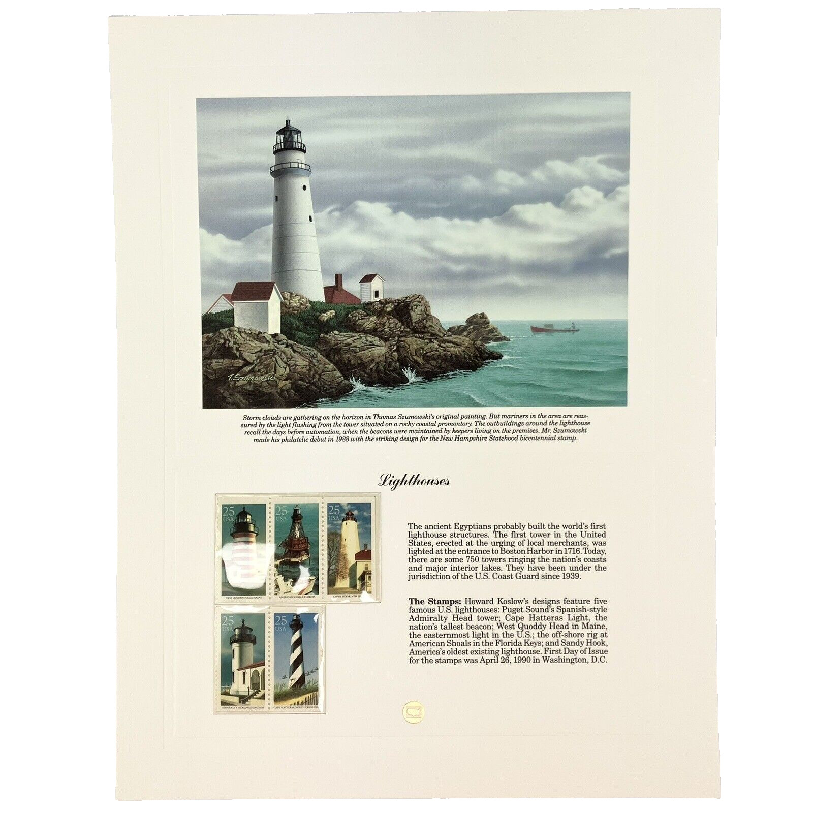 Thomas Szumowski Lighthouses Postage Stamp Art USPS Farmable Gift 1990