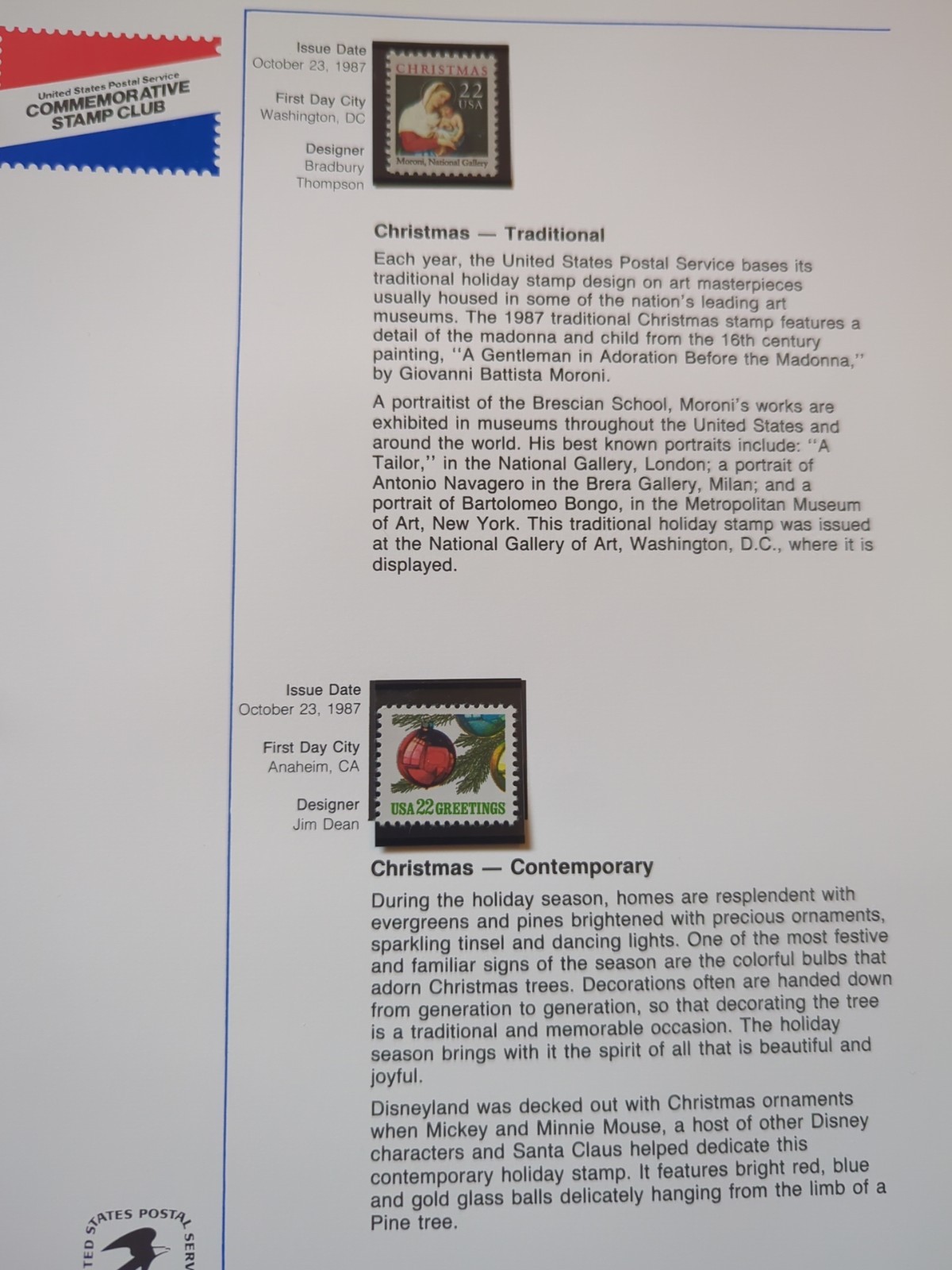 1986-1987 USPS Stamp Album – Arkansas Statehood – Christmas Contemporary Oct 23