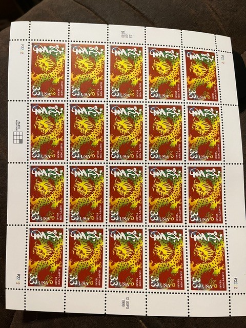 3370 Chinese Happy New Year – Dragon 1999. 33c sheet of 20. MNH. free shipping