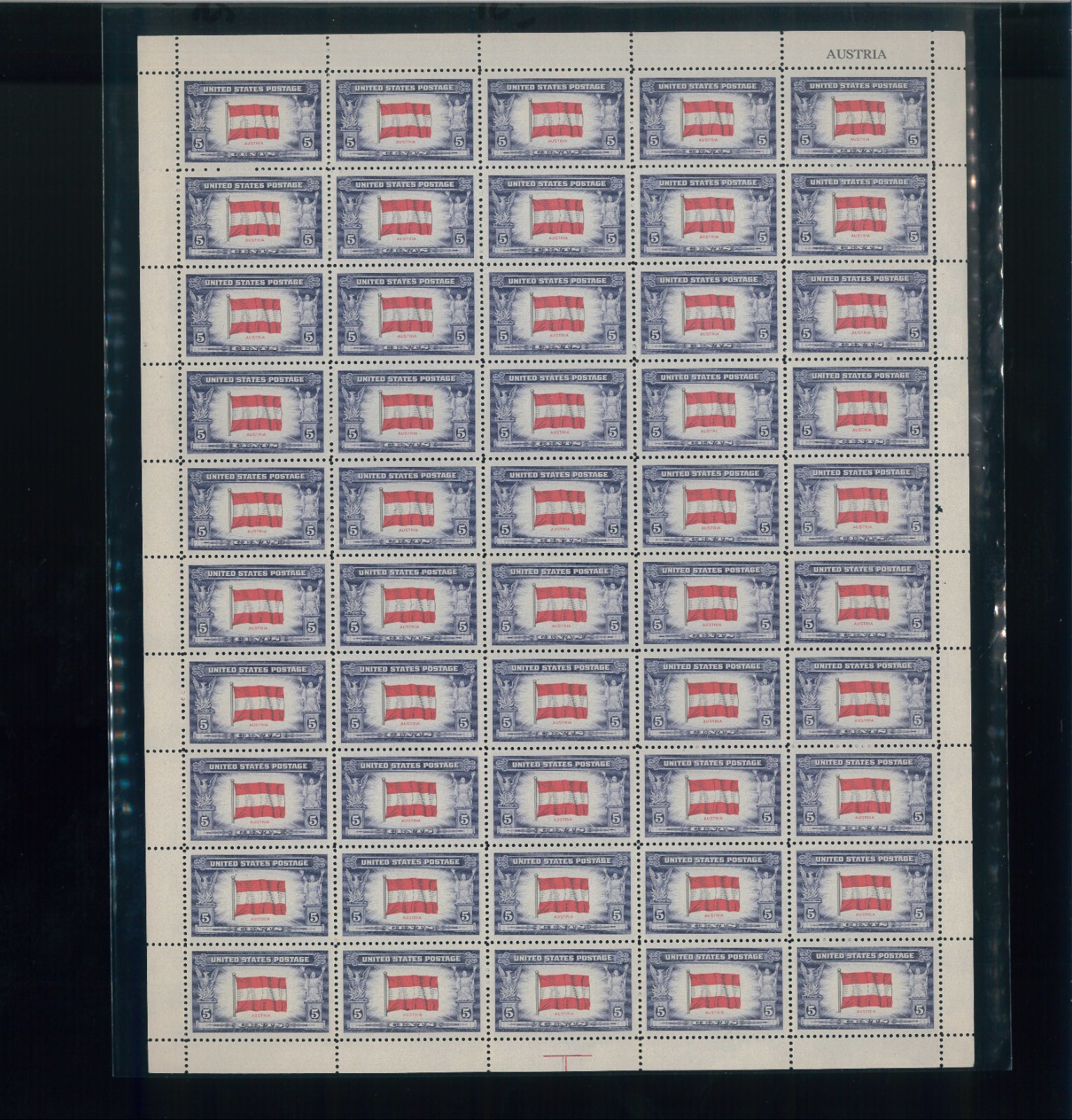 United States 5¢ Austria Overrun Nations Postage Stamp #919 MNH Sheet