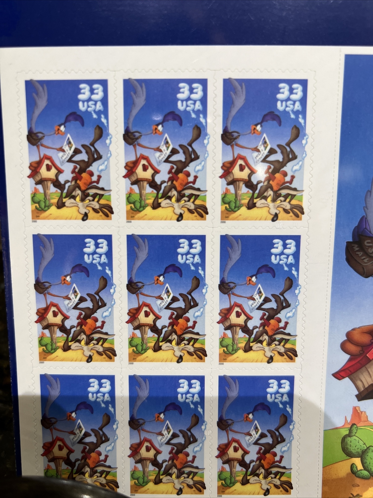 US POSTAGE STAMPS CELLOPHANE SHEET OF 10 “WILE E. COYOTE & ROAD RUNNER” .33 CENT