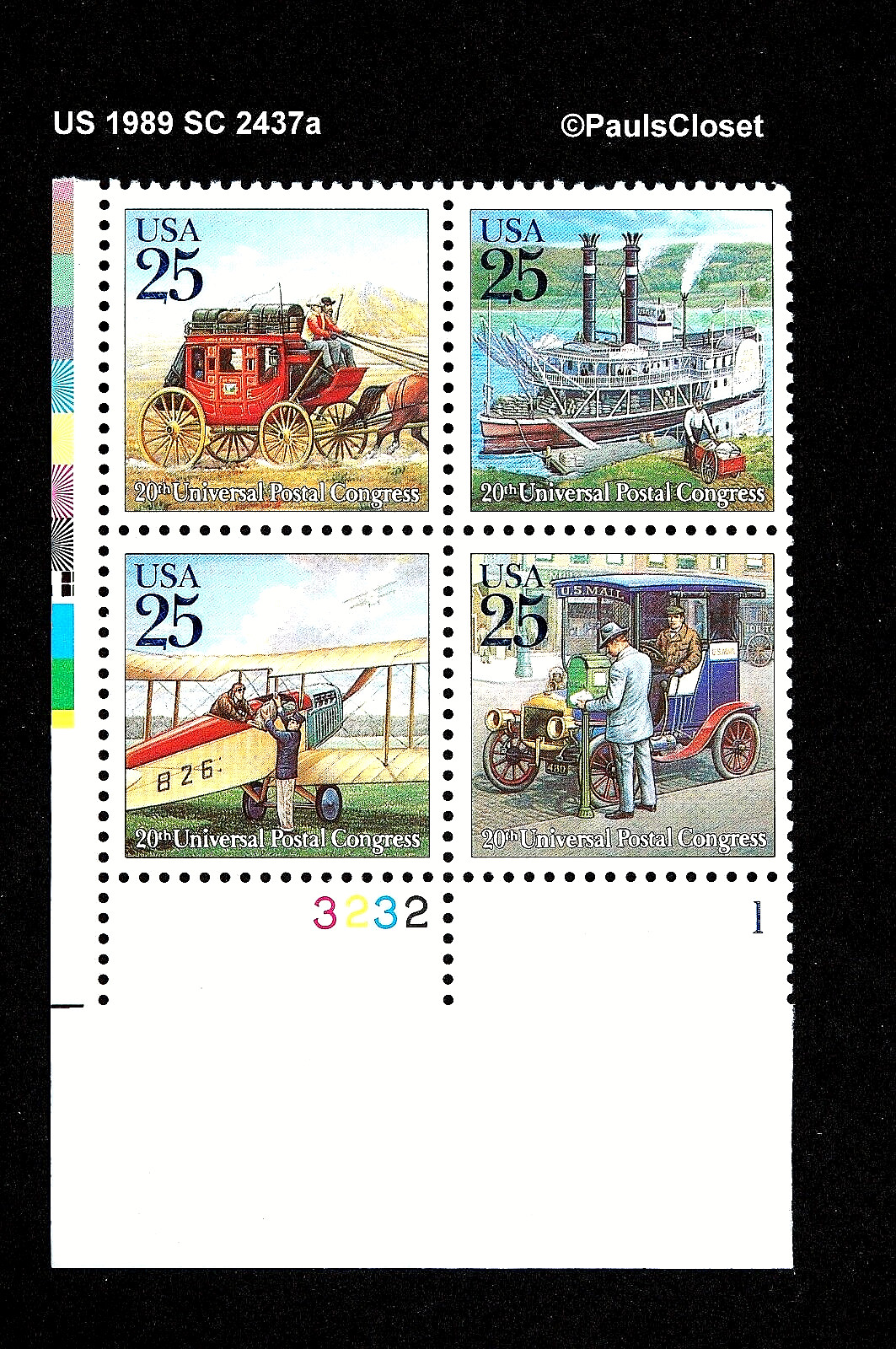 US 1989 SC 2437a 25¢ TRADITIONAL MAIL 20th UPU P# BLK OF 4 MNH OG #2 VF