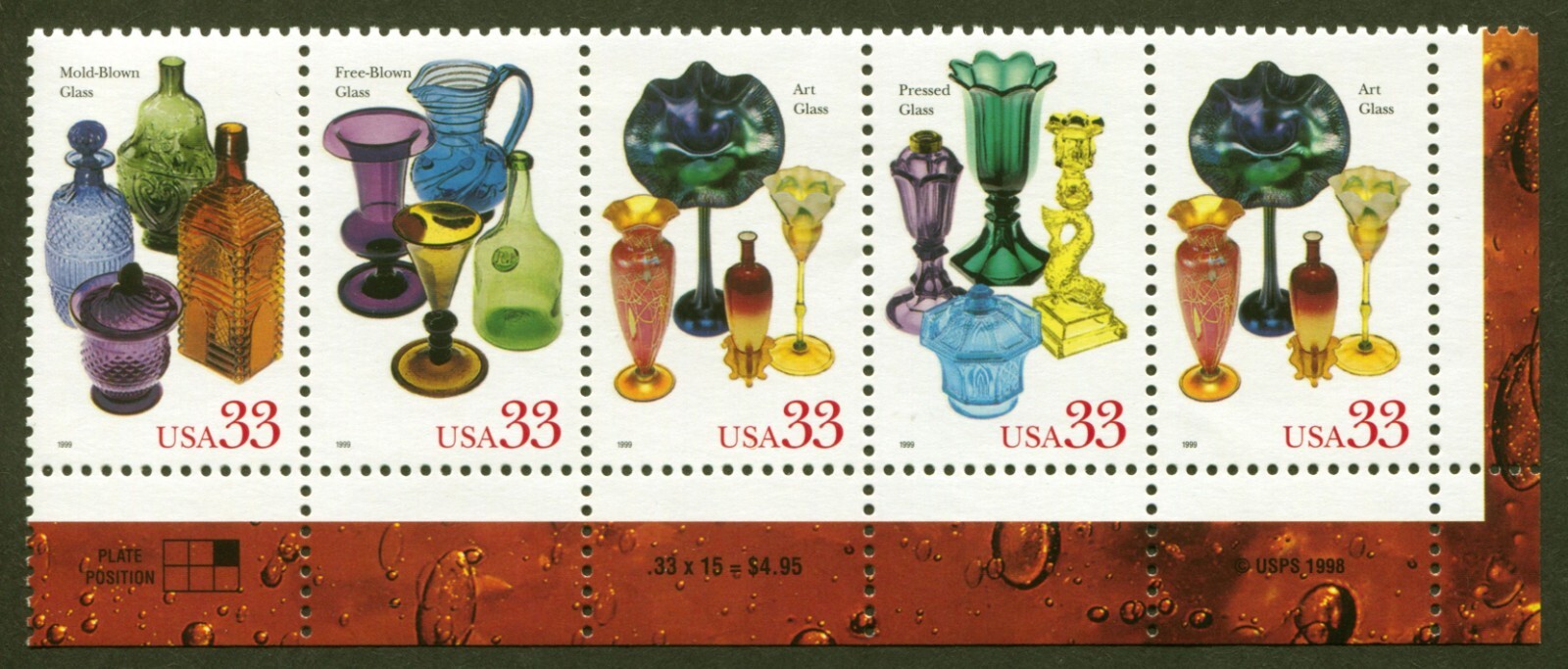 U.S. Sc# 3328a, American Glass, VF MNH Strip of 5 Stamps (4 Diff.), SCV: $7.75