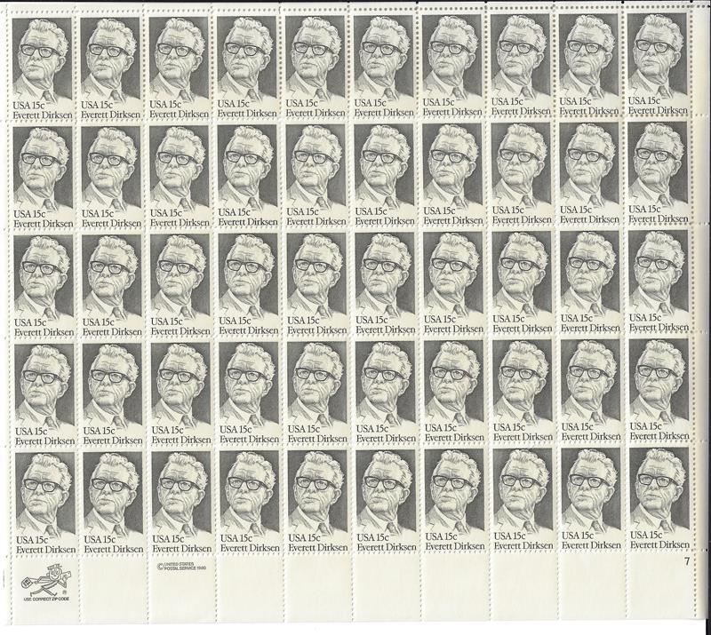 US SCOTT 1874 PANE OF 50 EVERETT DIRKSON STAMPS 15 CENT FACE MNH