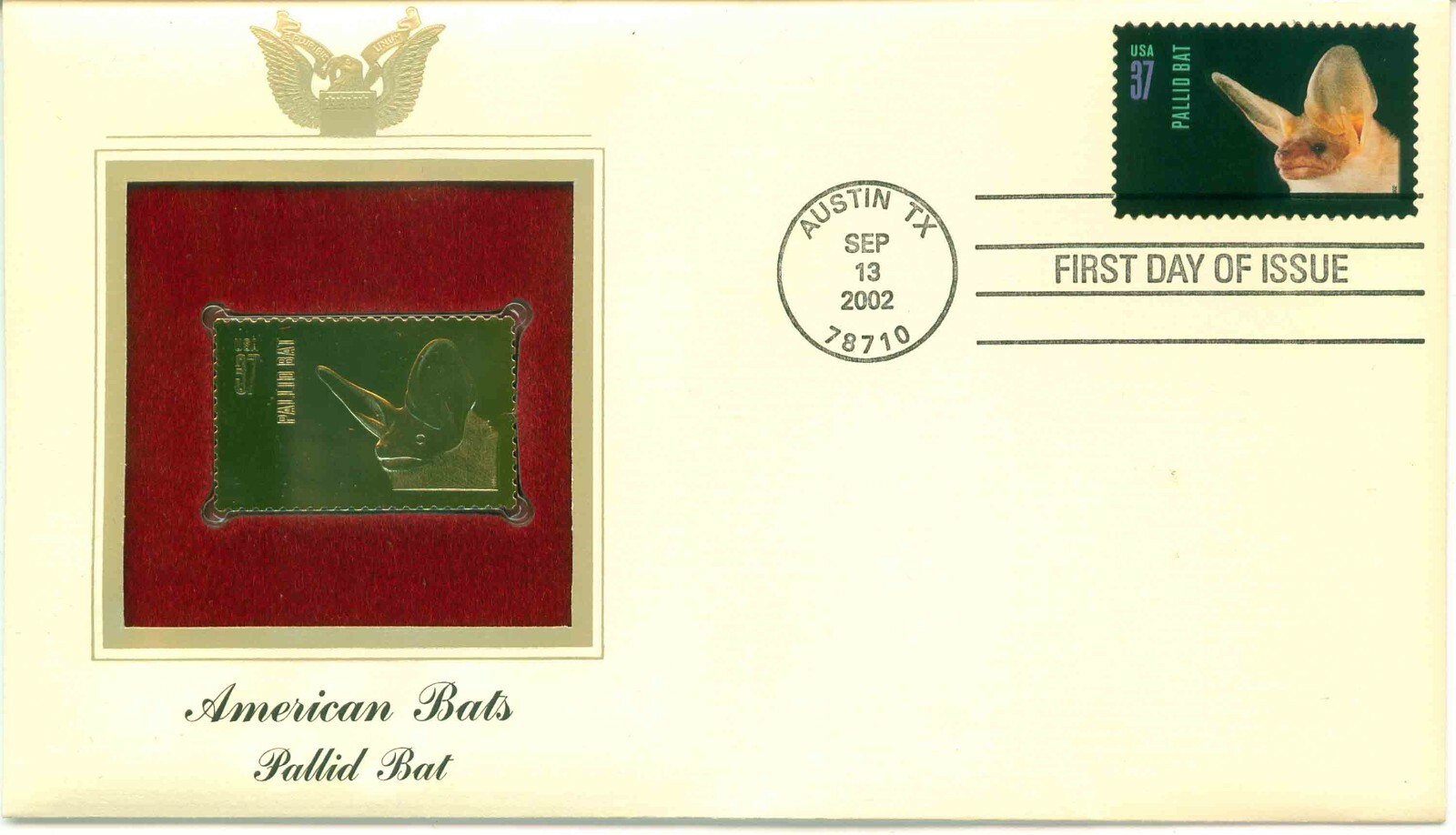 First Day Of Issue Sep 13 2002 Austin TX 22kt Gold Replica Pallid Bat