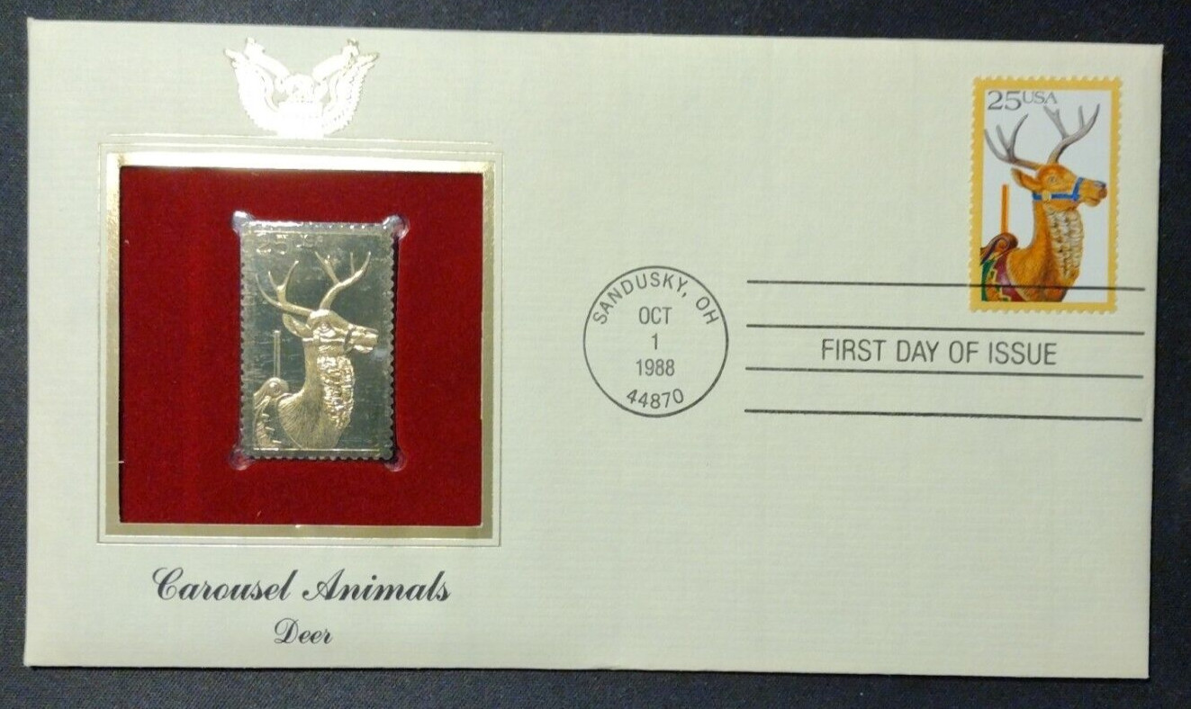 Deer 1988 FIRST DAY ISSUE 25 CENT STAMP GOLD Carousel Animals