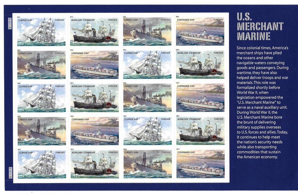 US SCOTT 4548 – 4551a US MERCHANT MARINE PANE OF 20 STAMPS FOREVER MNH