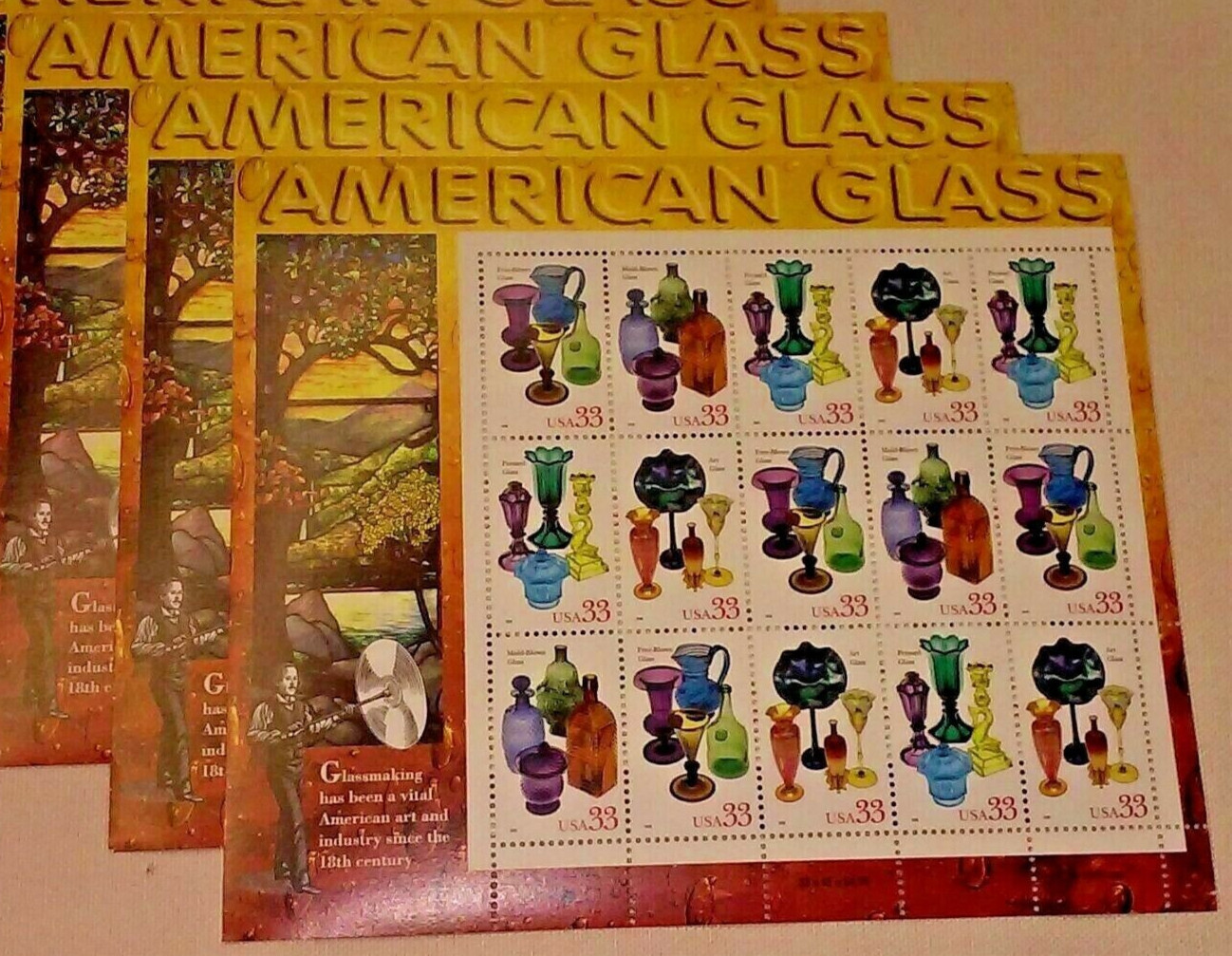 Four Souvenir Sheets x 15 = 60 of AMERICAN GLASS 33¢ US Stamps USA Sc# 3325-3328