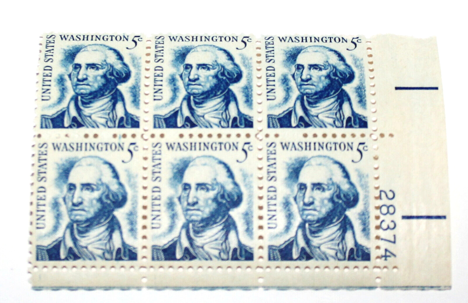 6 Block of George Washington 5 Cent Stamp Blue