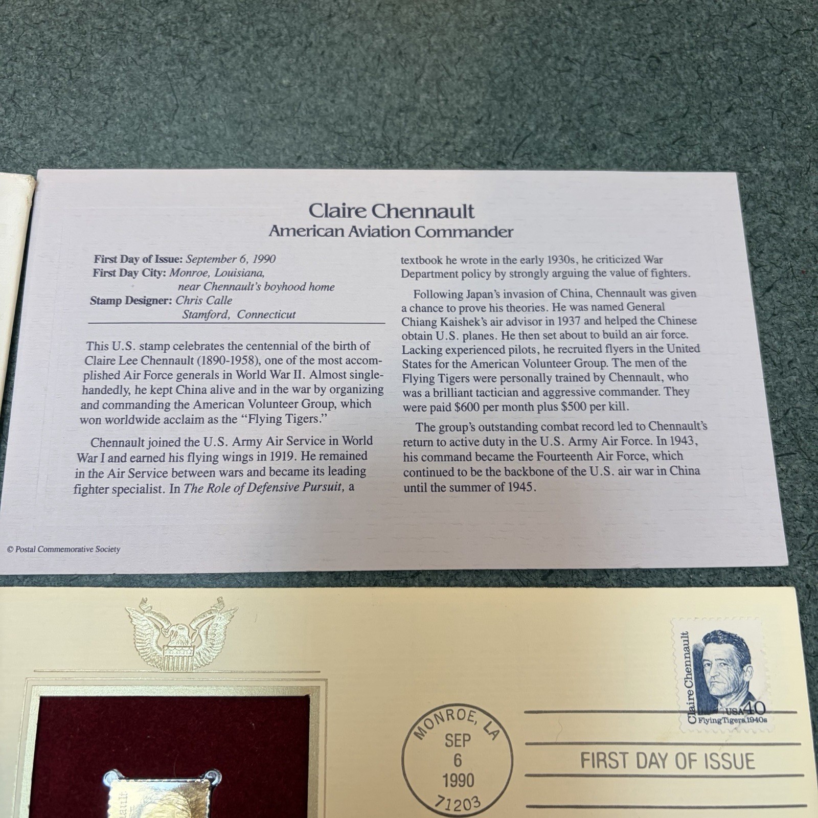 Clair Chennault Gold Stamp 1st Day POSTAL COMMEMORATIVE SOCIETYMilitary Aviation