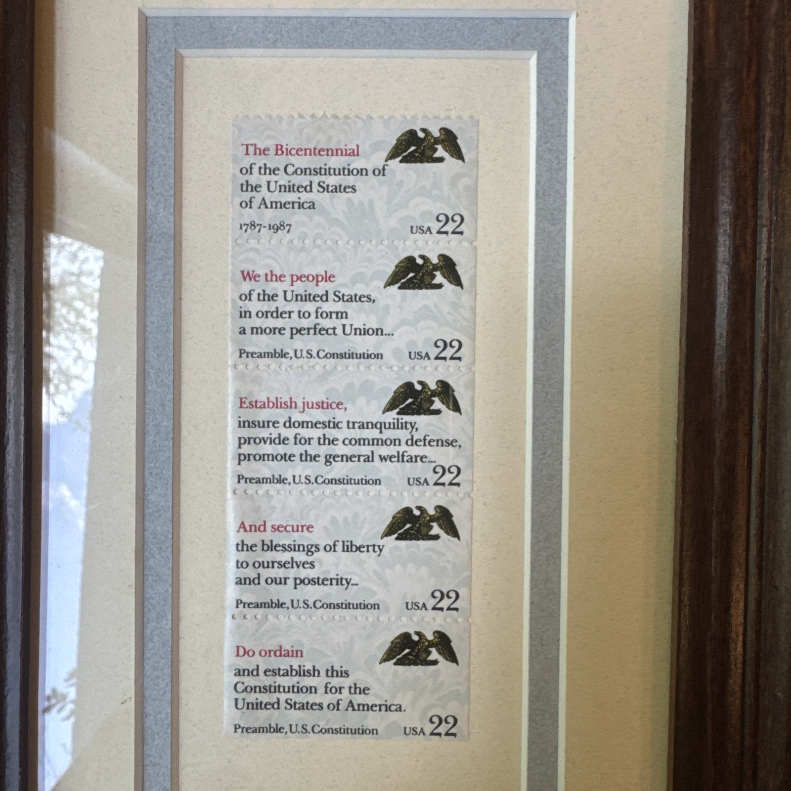 1987 US Constitution Bicentennial Framed 22¢ Stamp Strip Matted Display 6×9