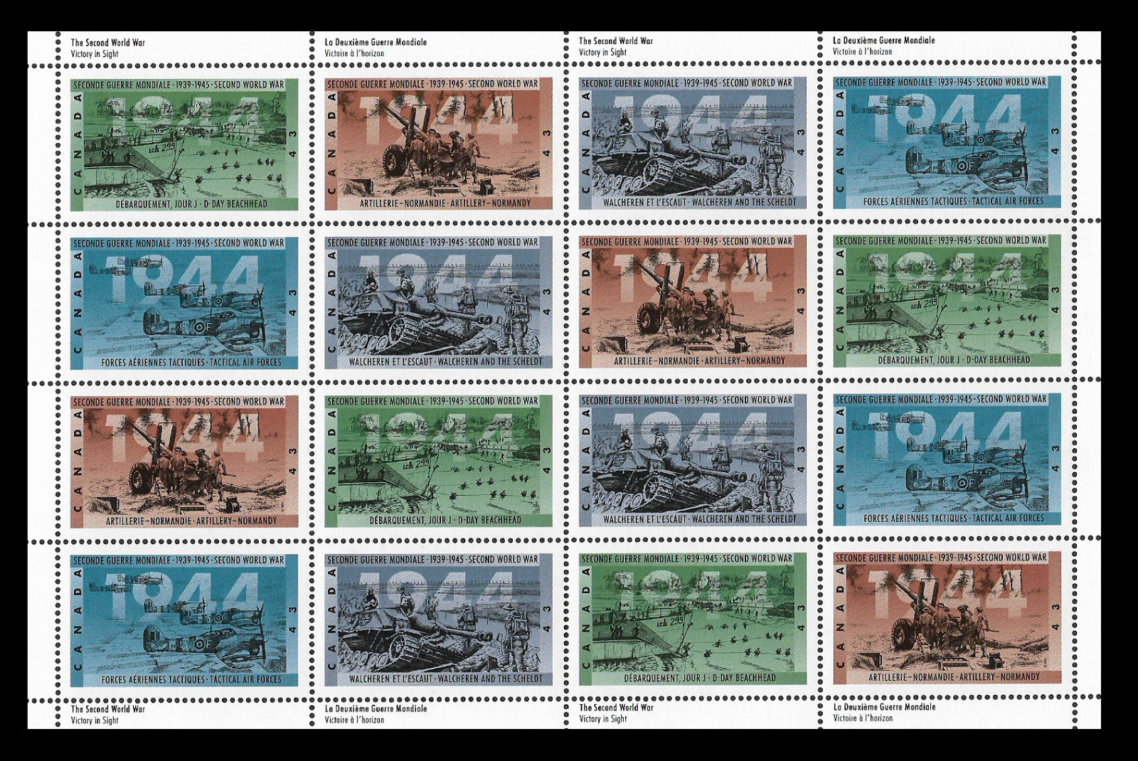 Canada -Full Pane of 16 -2nd World War – 1944, Victory in Sight #1537-1540 -MNH