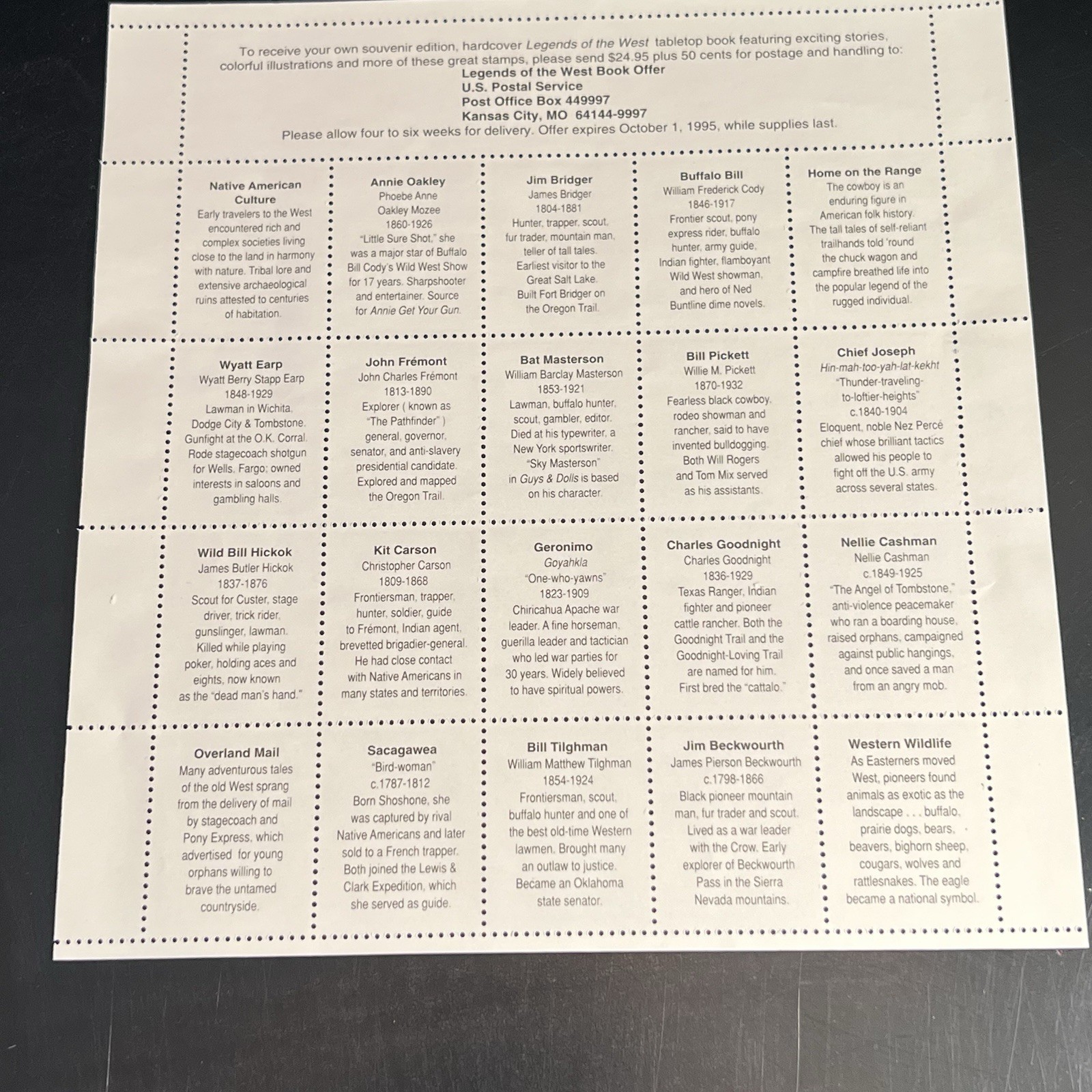 1993 Legends Of The West Stamp Sheet The Real Bill Pickett USPS Full Pane