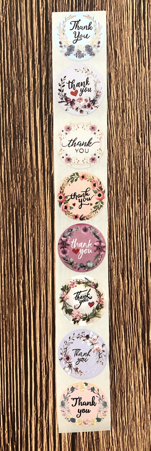 24 Stickers. FLORAL THANK YOU ENVELOPE STICKERS LABELS. FLOWERS SEALING STAMPS.