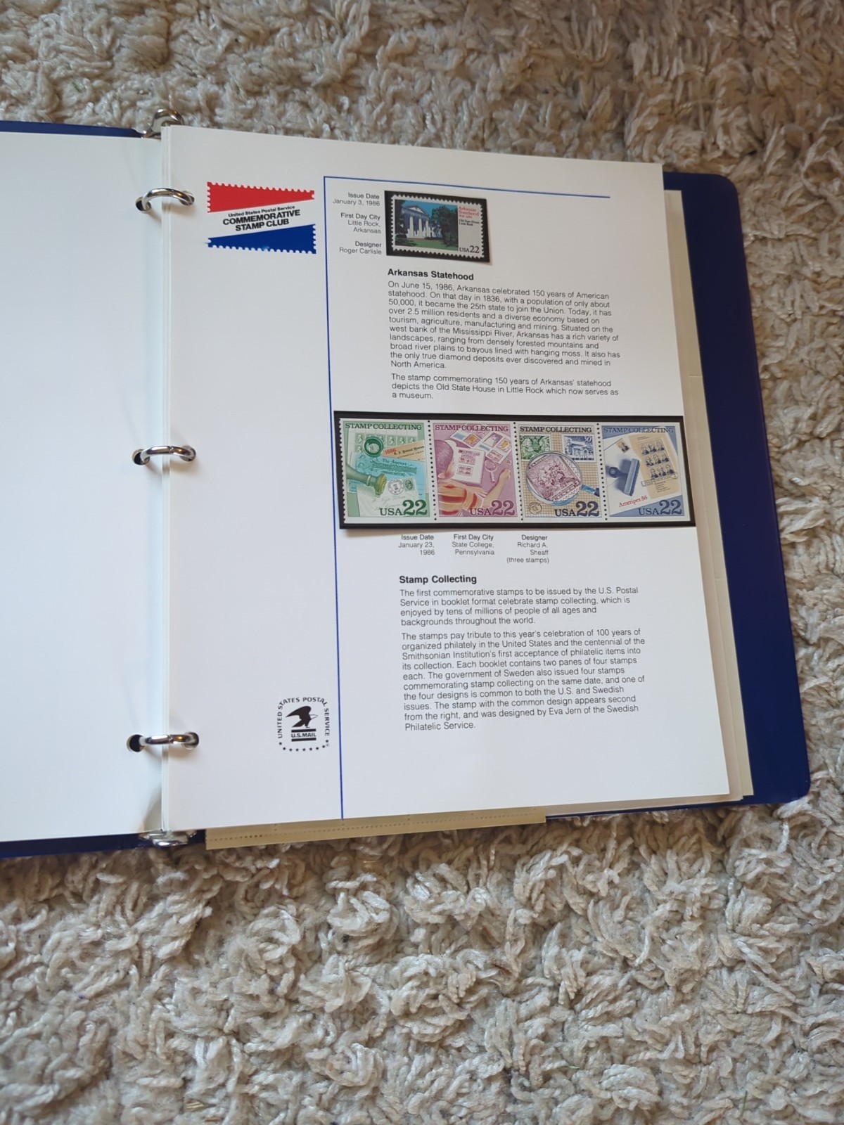 1986-1987 USPS Stamp Album – Arkansas Statehood – Christmas Contemporary Oct 23