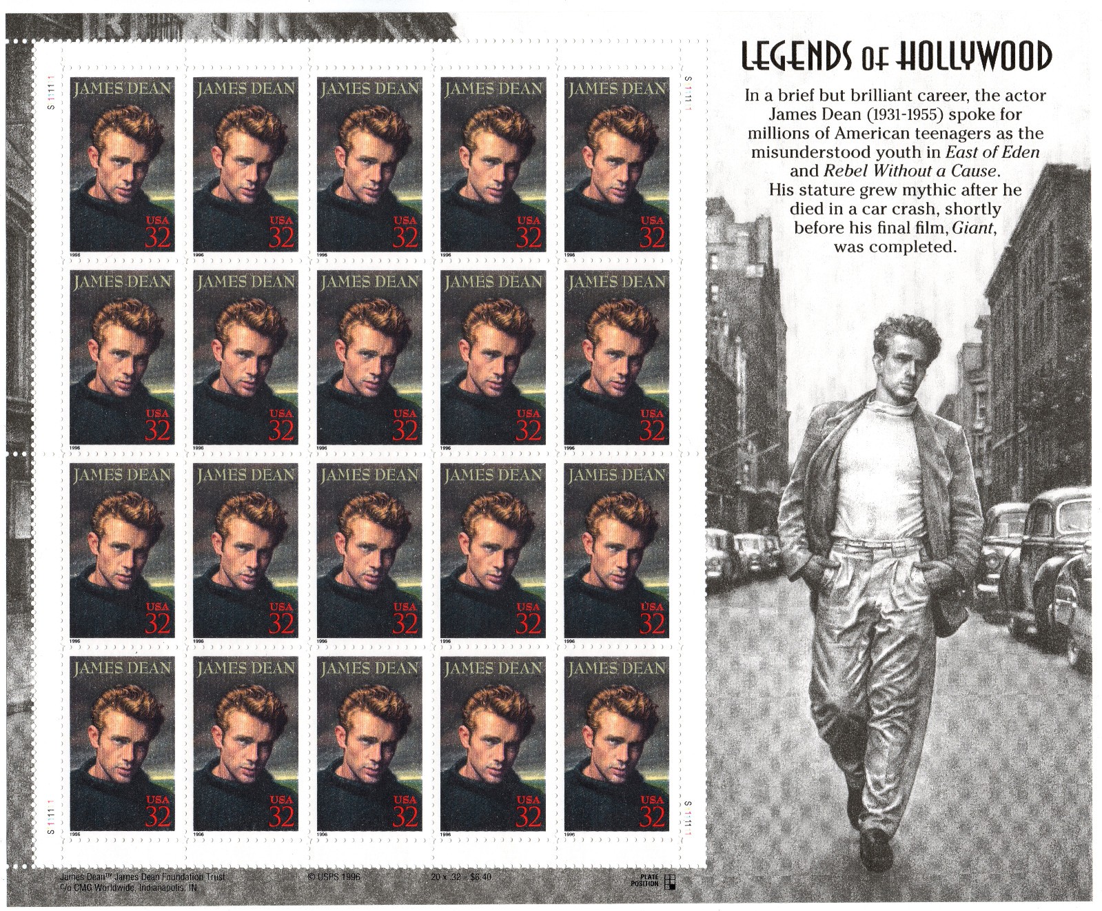 Scott #3082 Legends of Hollywood James Dean Pane of 20 32¢ Stamps 1996 NH, OG