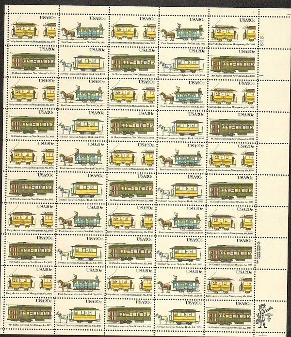 United States 20¢ STREETCARS #2059-62 MNH Full Sheet FACE VALUE