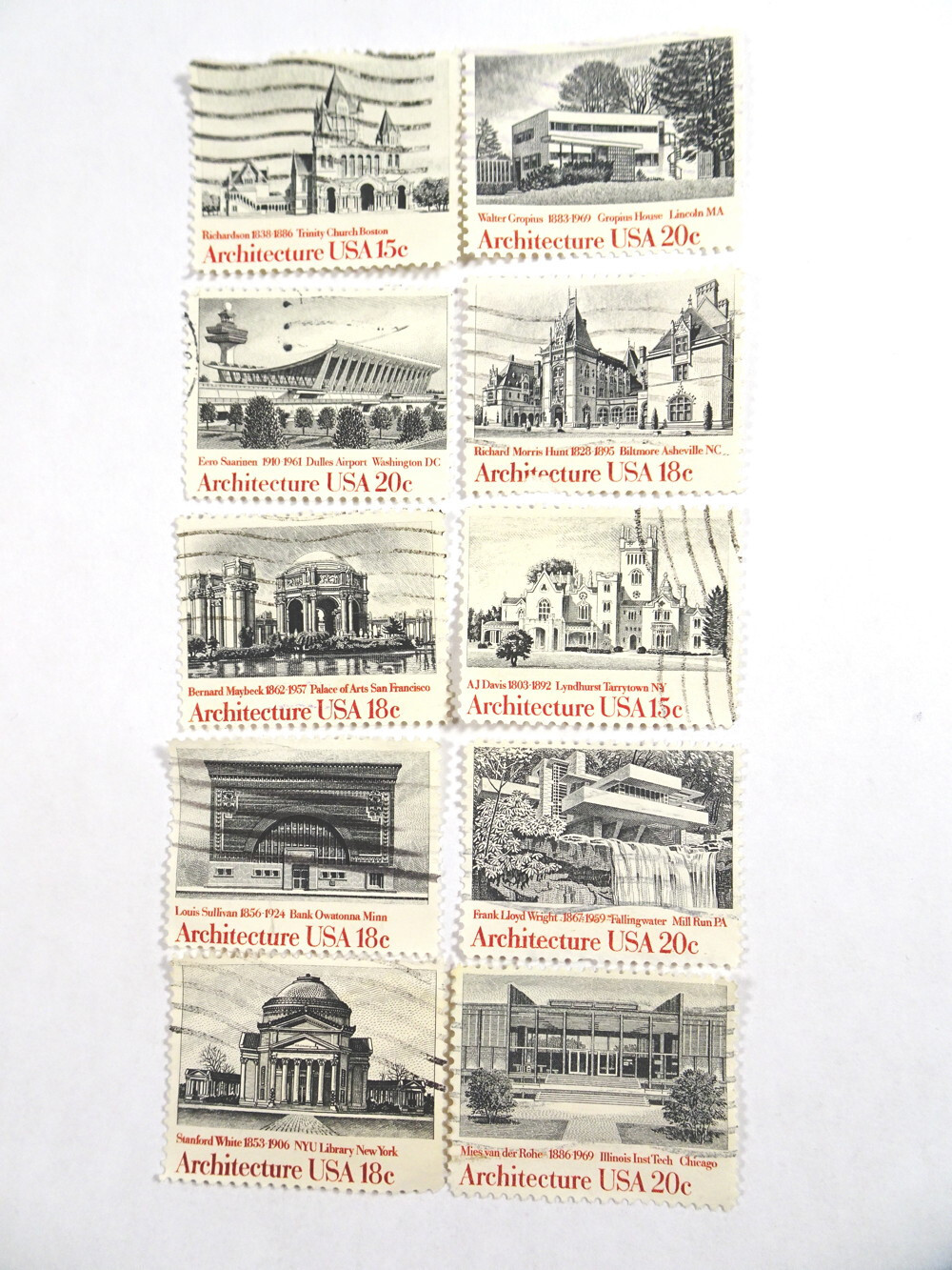 10 U.S. Cancelled Postage Stamps ARCHITECTURE Art Paper Crafts