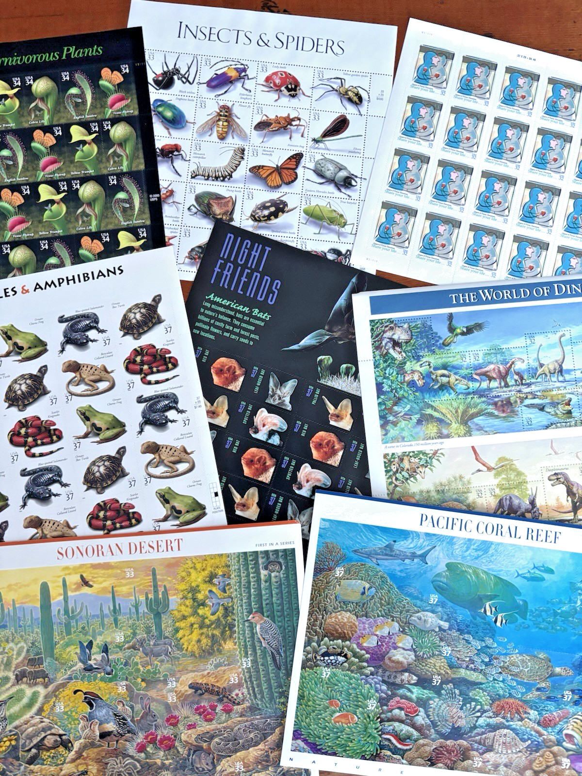 5 Sheets Colorful Assorted Mixed Design 32-37¢ US Postage Stamps, Never Expire