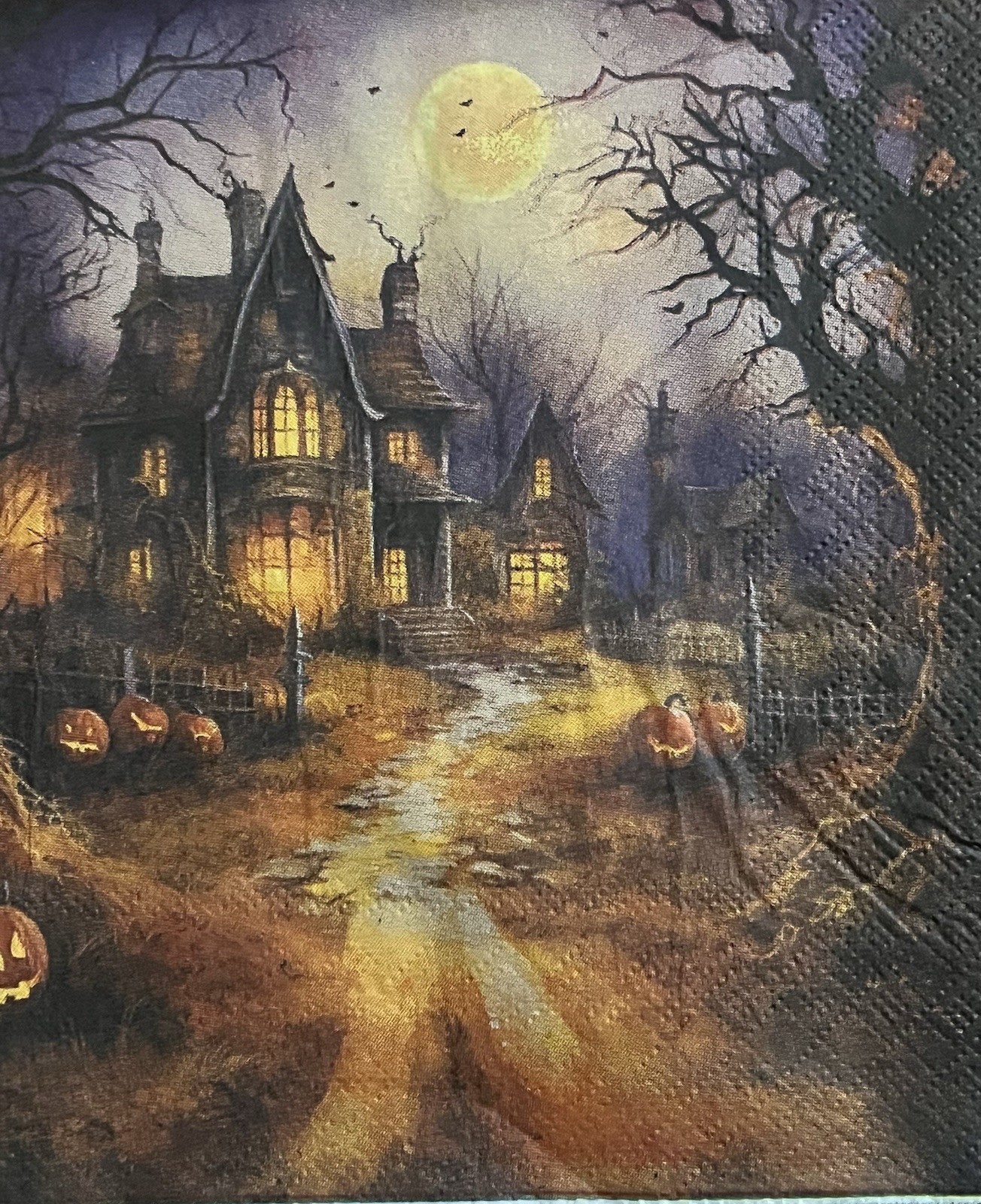 TWO Individual Lunch Napkins Decoupage Halloween Haunted Houses/pumpkins/ghost/