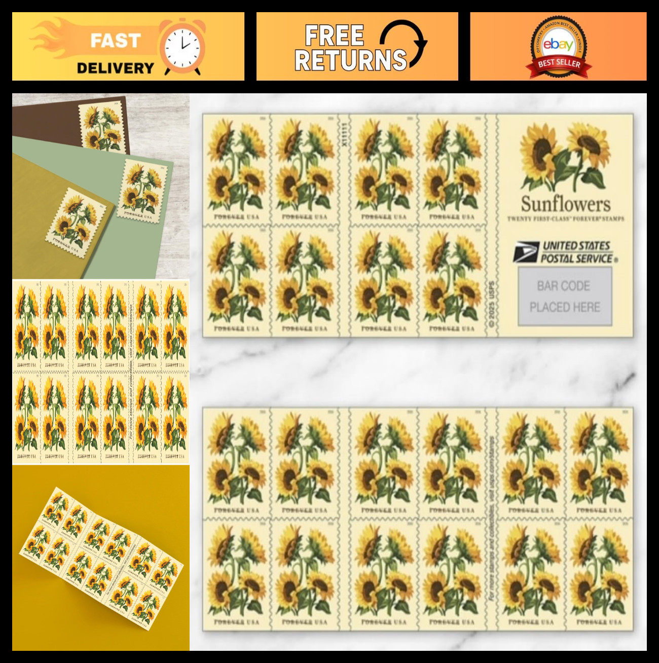 2026 Sunflower Forever Postage Stamps – Book of 20 First-Class Mail Flowers