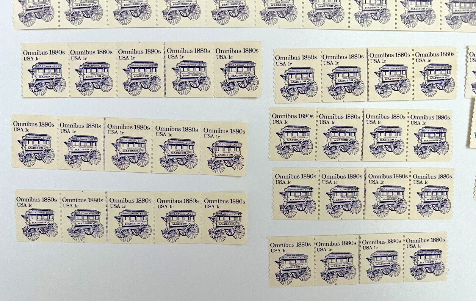 #2225 – 1880 Omnibus 1¢ Bundle 125 Stamps (Rare Coil 50) Transportation Series