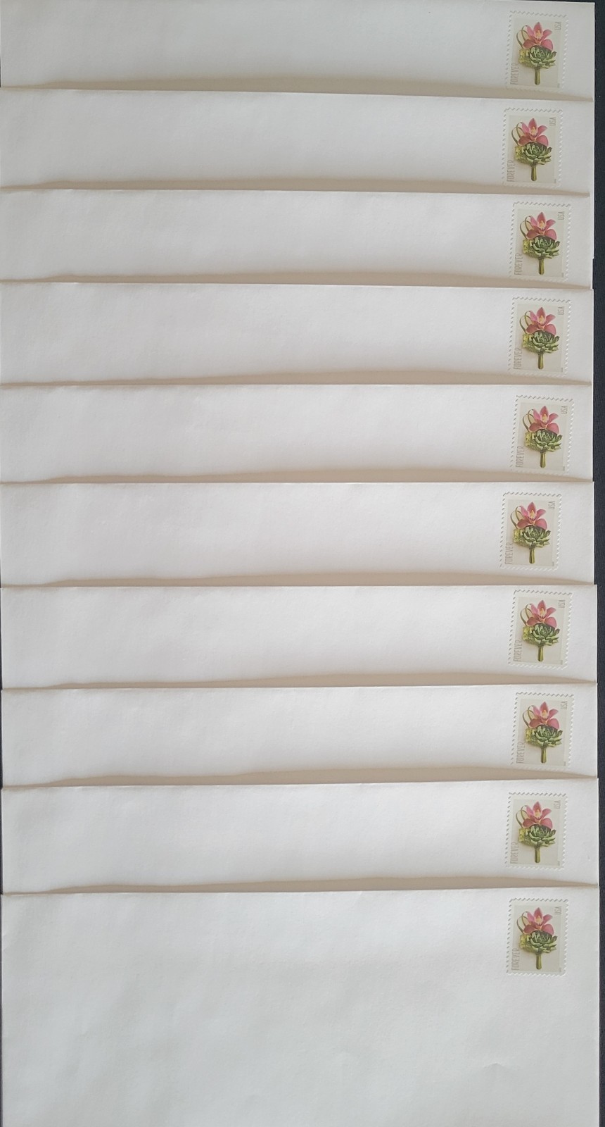 Lot of 10 Stamped Envelopes #10 (4⅛x9½) White Gummed Forever Boutoniere #5457