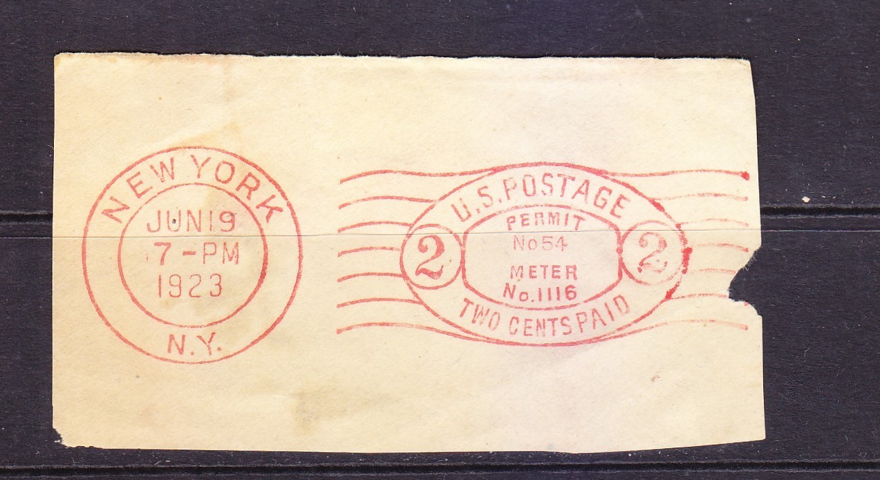 1923 NEW YORK U.S POSTAGE METER STAMP PERMIT No. 1116 USA POSTAL HISTORY 2 cent