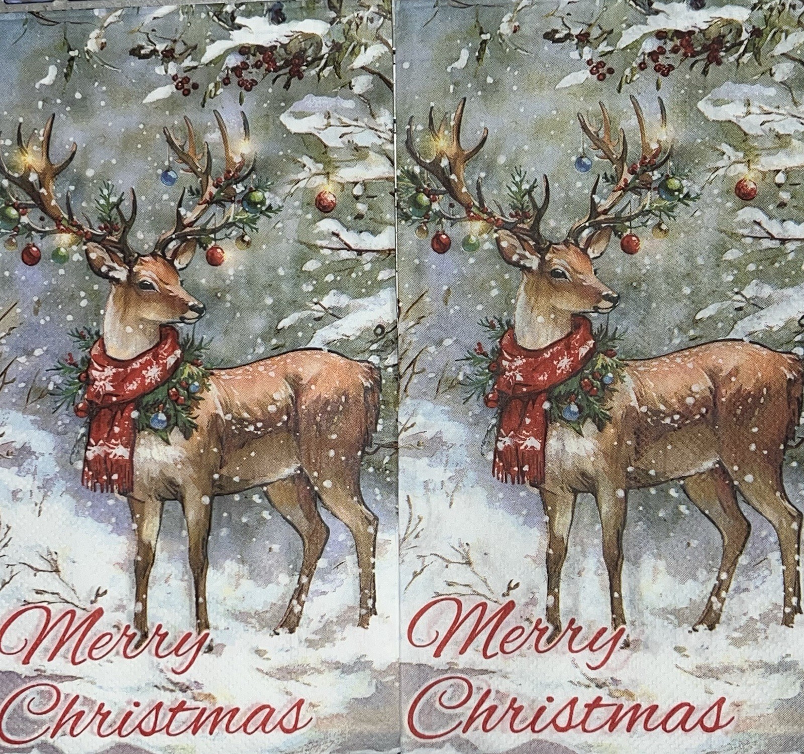 TWO Individual paper dinner Decoupage napkins 2ply Reindeer Christmas Tree/snow