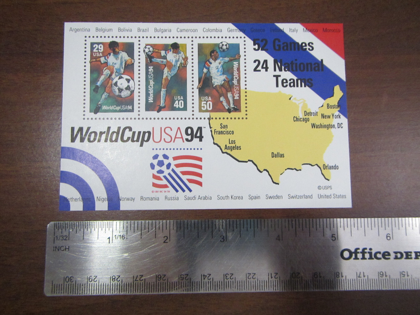 World Cup Soccer 1994 USA Souvenir sheet of 3 Stamps Mint Never Hinged/MNH