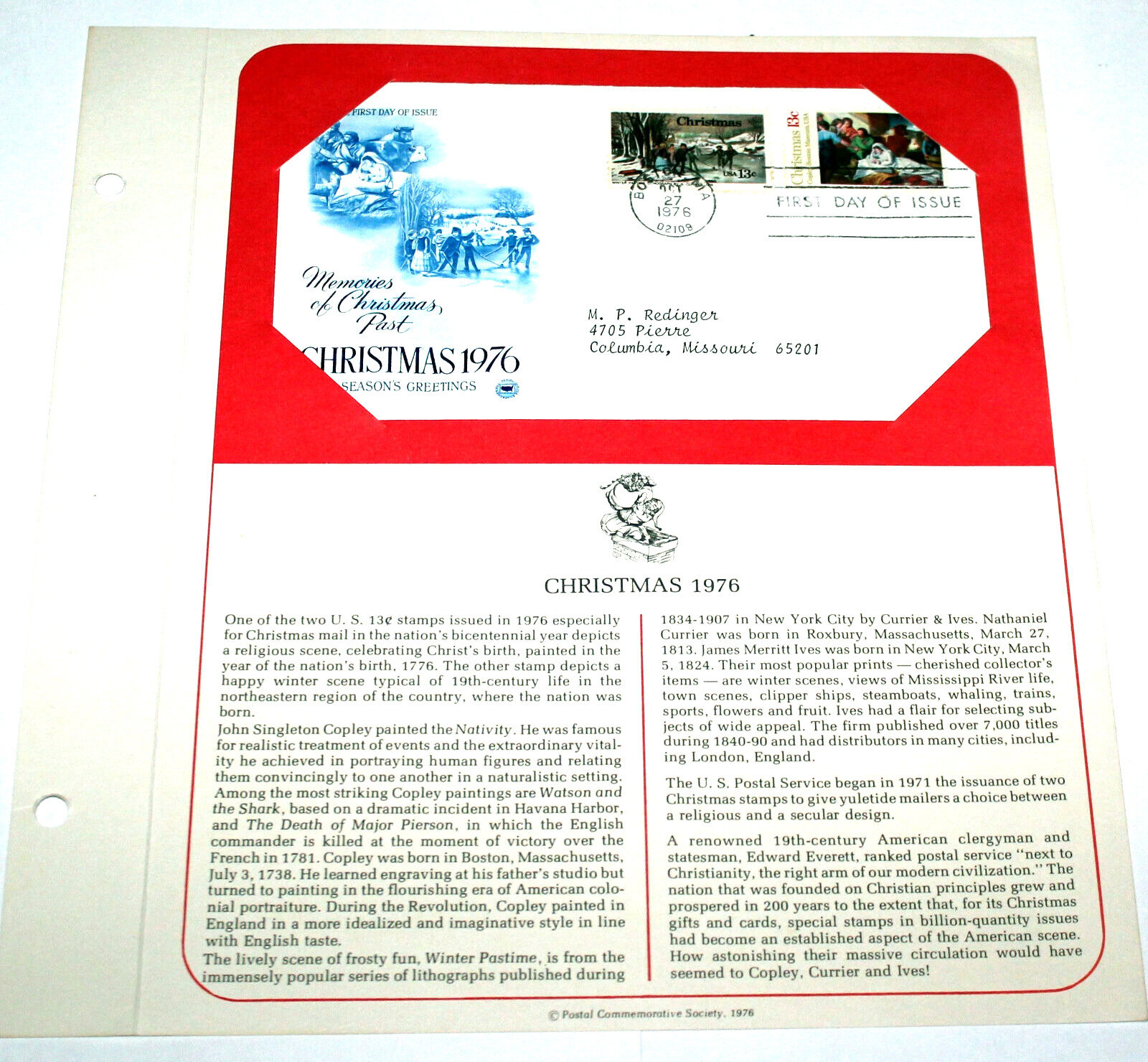 First Day of Issue Souvenir Page Memories of Christmas Past 1976 Stamp