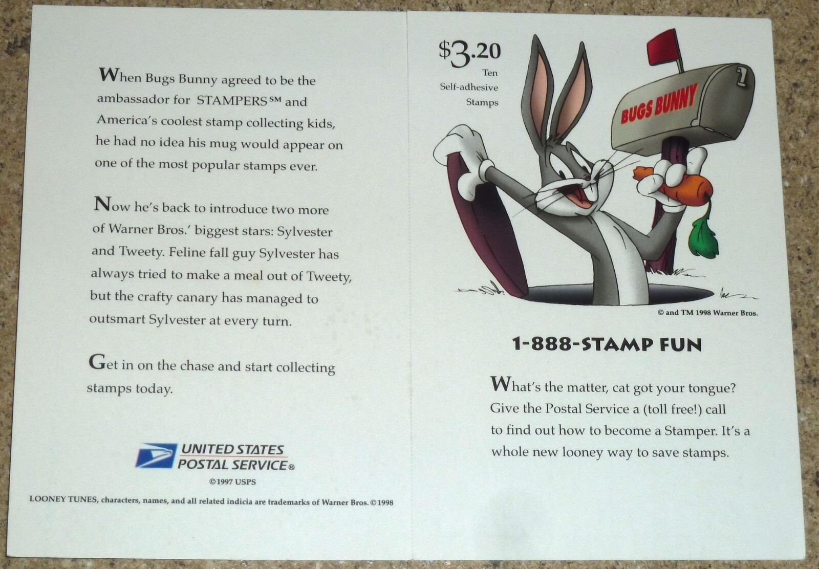 USPS 1997 Card of 10 Looney Tunes “Bugs Bunny” 32¢ Stamps USA Scott 3137 MNH