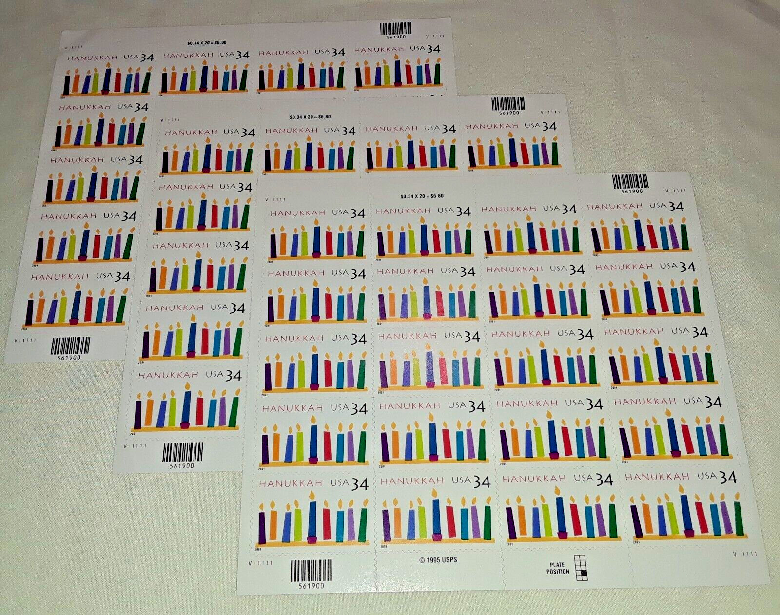 Three Panes x 20 = 60 of HANUKKAH 34¢ Jewish candles US Postage Stamps. USA 3547