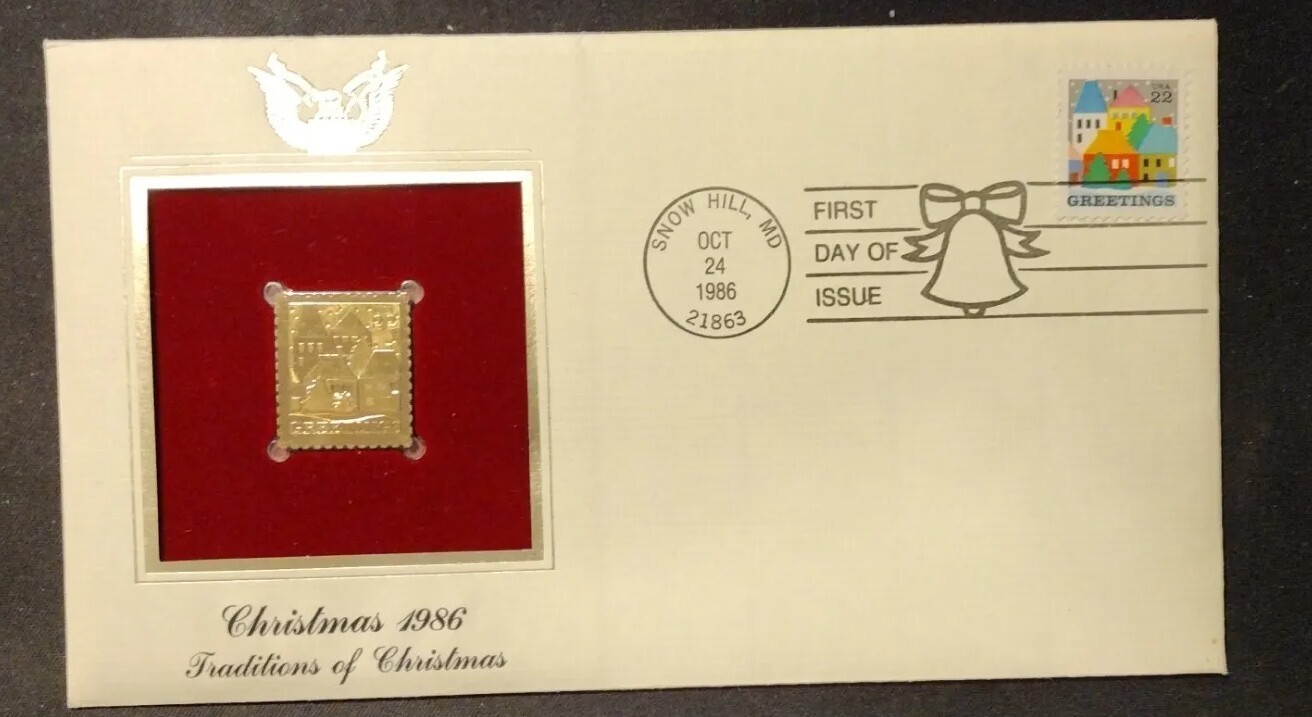 Greetings 1986 FIRST DAY ISSUE 22 CENT STAMP GOLD Traditions of Christmas MD